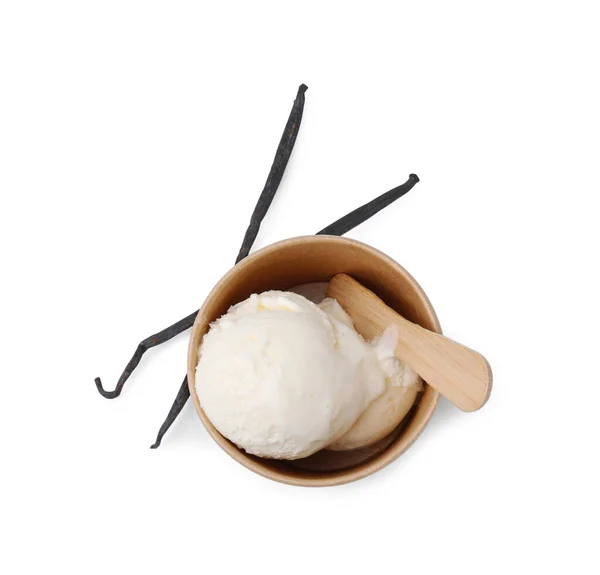 Χάρτινο Κύπελλο Νόστιμο Παγωτό Και Λοβό Βανίλιας Που Απομονώνονται Λευκό — Φωτογραφία Αρχείου