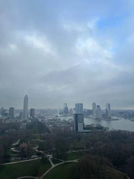 stock image Picturesque view of city with modern buildings and park on cloudy day