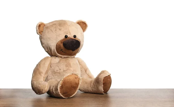 Cute Teddy Bear Wooden Table White Background — Stock Photo, Image