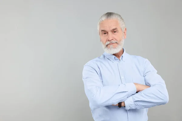 Portrait Handsome Senior Man Light Grey Background Space Text — Stock Photo, Image