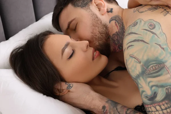 Passionate Young Couple Having Sex Bed — Stock Photo, Image