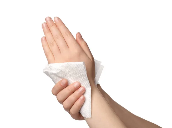 Γυναίκα Σκούπισμα Των Χεριών Χαρτοπετσέτα Λευκό Φόντο Closeup — Φωτογραφία Αρχείου