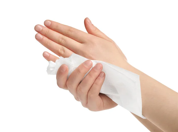 Frau Wischt Hände Mit Papiertuch Auf Weißem Hintergrund Nahaufnahme — Stockfoto