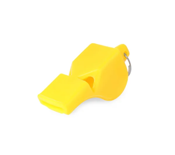 Jeden Żółty Plastikowy Gwizdek Wyizolowany Białym — Zdjęcie stockowe