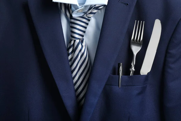 Cutlery Pen Breast Pocket Men Jacket Background Closeup Business Lunch — Stock Photo, Image