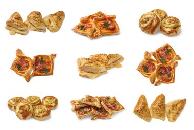 Beyaz üzerine izole edilmiş farklı poğaça kolajı