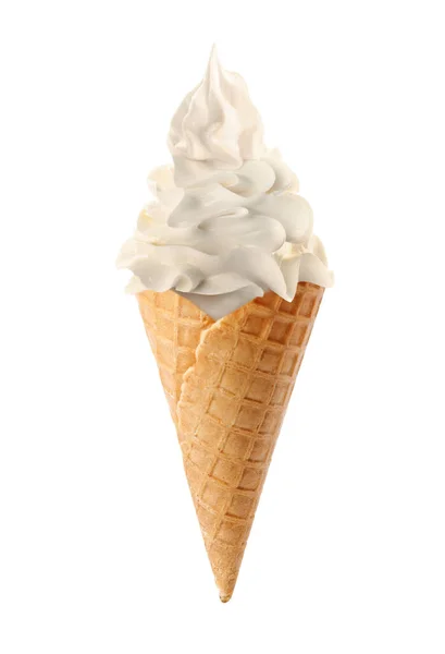 Crème Glacée Savoureuse Dans Cône Gaufre Isolé Sur Blanc Servir — Photo
