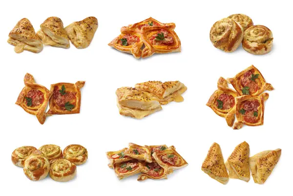 Beyaz üzerine izole edilmiş farklı poğaça kolajı