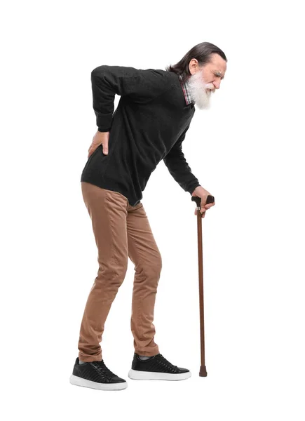 Starszy Mężczyzna Chodzącą Laską Cierpiący Ból Pleców Białym Tle — Zdjęcie stockowe