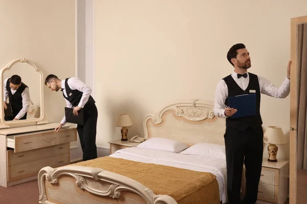 Homens Que Frequentam Cursos Mordomo Profissional Hotel — Fotografia de Stock