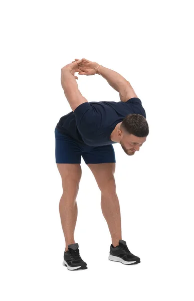 Man Gör Stretching Vit Bakgrund Morgonövning — Stockfoto