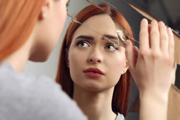 Sad Young Woman Suffering Mental Problems Broken Mirror — Stock Photo, Image