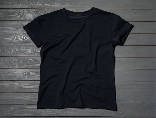 Elegante Camiseta Preta Mesa Madeira Cinza Vista Superior — Fotografia de Stock