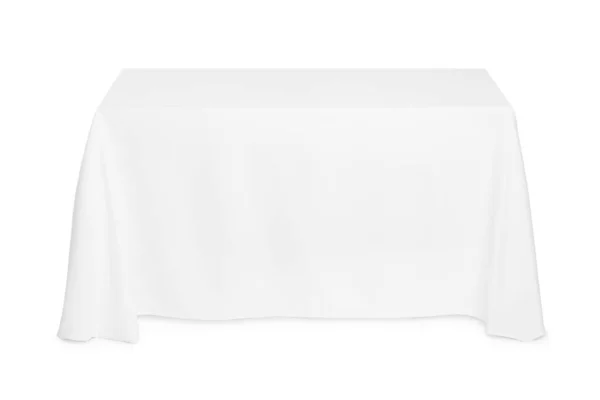 Tafel Met Wit Tafelkleed Geïsoleerd Wit — Stockfoto