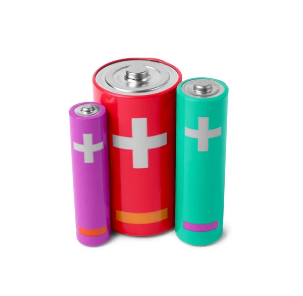 Drei Verschiedene Neue Batterien Isoliert Auf Weiß — Stockfoto