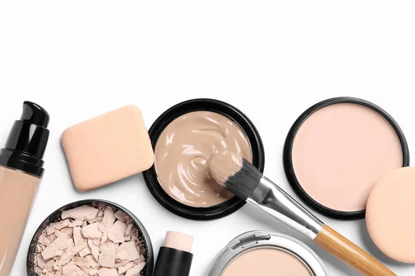 Foundation Beauty Accessories Face Powders White Background Flat Lay Space — Stock Photo, Image