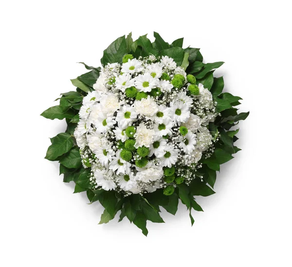 Στεφάνι Κηδείας Από Λουλούδια Λευκό Φόντο Πάνω Όψη — Φωτογραφία Αρχείου