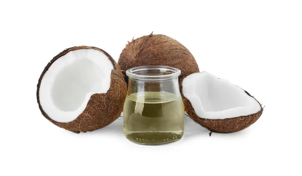 Organiczny Olej Kokosowy Świeże Owoce Izolowane Białym — Zdjęcie stockowe