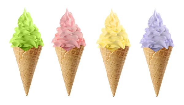 白で隔離されたさまざまな味のアイスクリーム ソフトクリーム — ストック写真