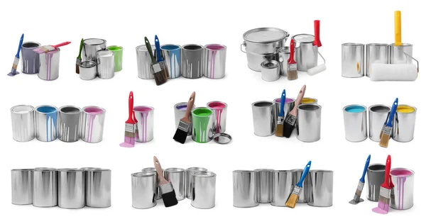 从白色拼贴设计中分离出来的罐 刷子和滚筒中不同颜色的油漆 — 图库照片