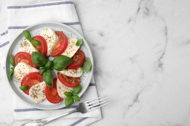 Beyaz mermer masada servis edilen domatesli Caprese salatası, mozzarella, fesleğen ve baharatlar, üst manzara. Metin için boşluk