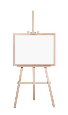 Beyaz zemin üzerinde boş tuval olan ahşap sehpa. Tasarım için model