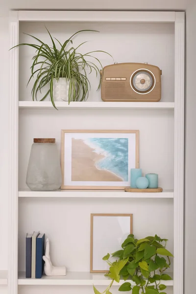 Interior Design Shelves Stylish Accessories Potted Plants Picture White Wall — Stock Photo, Image