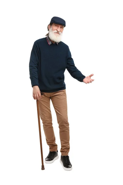 Starší Muž Chodící Hůl Bílém Pozadí — Stock fotografie