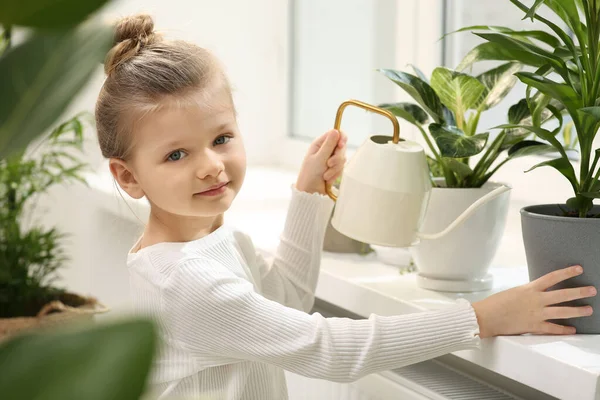 스러운 소녀가 창가에 아름다운 식물에 있습니다 — 스톡 사진