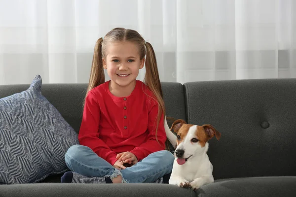 Cute girl with her dog on sofa at home. Adorable pet