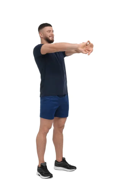 Muž Protahuje Bílém Pozadí Ranní Cvičení — Stock fotografie