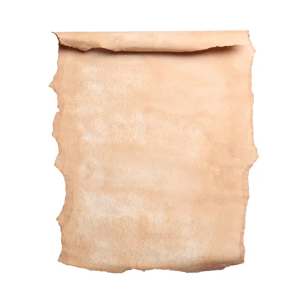 Beyaz Arkaplan Üzerine Eski Parşömen Kağıdının Boş Sayfası Üst Görünüm — Stok fotoğraf