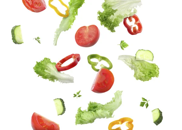 Lettuce Leaves Parsley Cut Cucumber Bell Peppers Tomatoes Falling White — Stock Photo, Image
