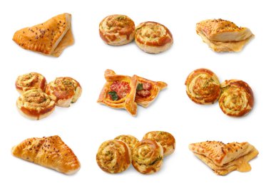 Beyaz üzerine izole edilmiş farklı poğaça kolajı