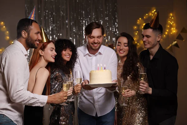 Happy Friends Tasty Cake Glasses Sparkling Wine Celebrating Birthday Indoors — Stock Photo, Image