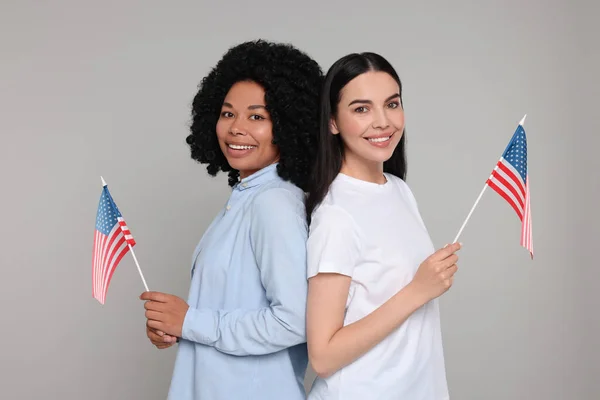 4Th July Independence Day Usa Happy Women American Flags Grey — Stock Photo, Image