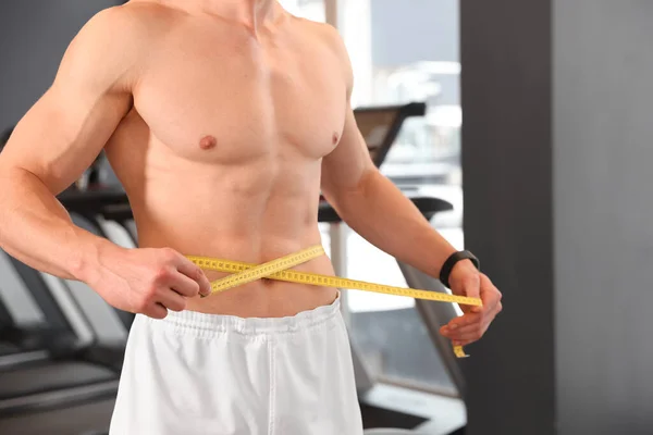 Athletic Man Measuring Waist Tape Gym Closeup — Stock Photo, Image