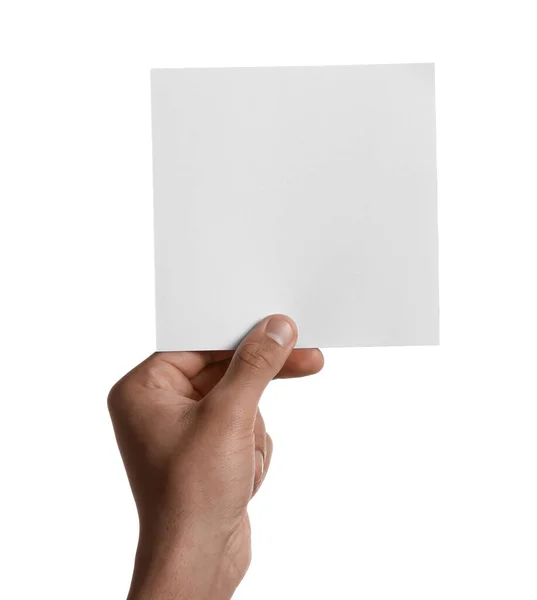 Мужчина Держит Лист Бумаги Белом Фоне Крупным Планом Макет Дизайна — стоковое фото