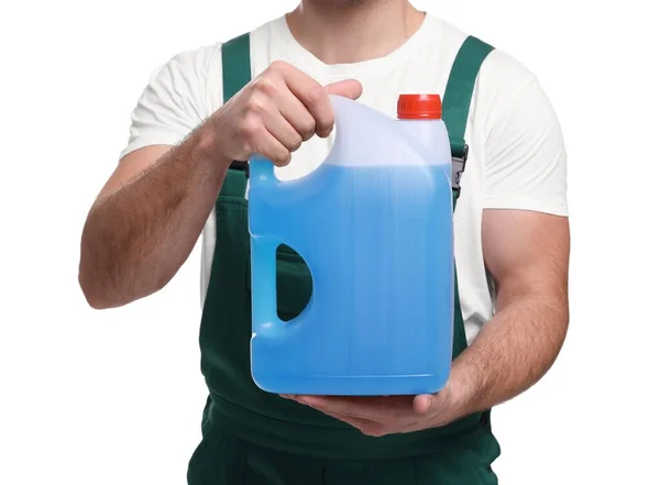 Man Holding Canister Blue Liquid White Background Closeup — Stock Photo, Image