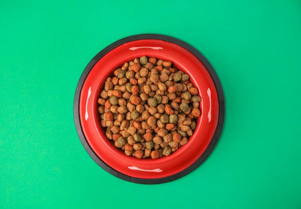 Comida Seca Para Perros Tazón Alimentación Sobre Fondo Verde Vista — Foto de Stock