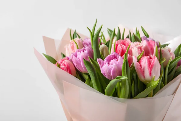 stock image Bouquet of beautiful tulips on white background, closeup