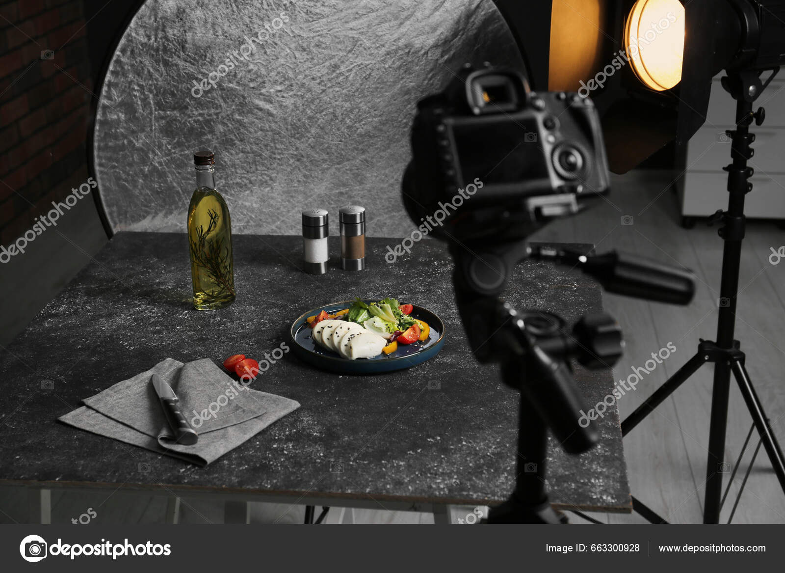 Composition Mozzarella Salad Black Table Professional Photo Studio