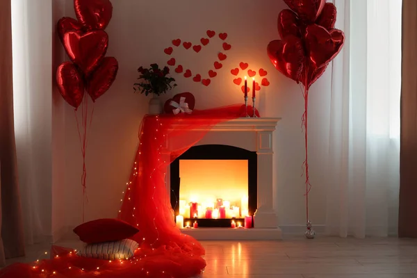 Stylish Room Fireplace Valentine Day Decor Interior Design — Stock Photo, Image