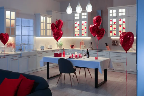 Romantische Atmosphäre Gemütliche Küche Mit Gedecktem Tisch Zum Valentinstag — Stockfoto
