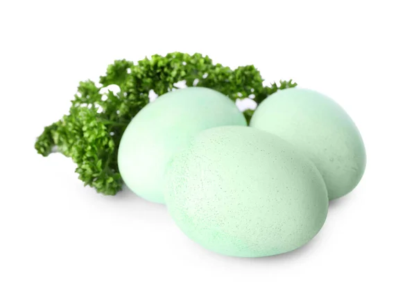 Ovos Páscoa Turquesa Pintados Com Corante Natural Salsa Encaracolada Sobre — Fotografia de Stock