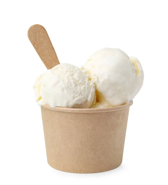 Νόστιμο Παγωτό Βανίλια Χάρτινο Κύπελλο Απομονωμένο Λευκό — Φωτογραφία Αρχείου
