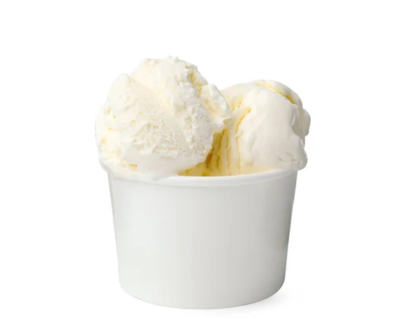 Νόστιμο Παγωτό Βανίλια Χάρτινο Κύπελλο Απομονωμένο Λευκό — Φωτογραφία Αρχείου