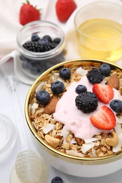 Tasty Granola Yogurt Fresh Berries Bowl White Table Closeup Healthy — Stock Photo, Image
