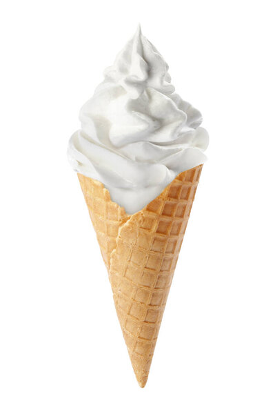 Tasty ice cream in waffle cone isolated on white. Soft serve