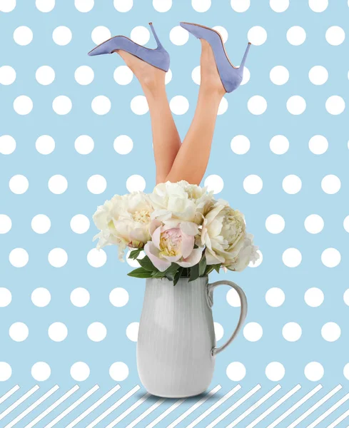 Creative art collage about femininity, style and fashion. Woman sticking out of vase with tender white peonies on pastel blue background